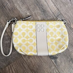 Coach Y2K 2000's Yellow White C Jacquard Leather Canvas Wristlet Luxury Preppy